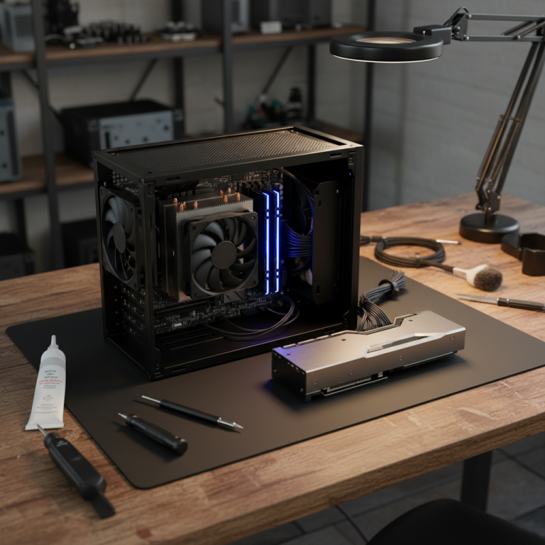 Open mid-tower PC case with components partially installed on a workshop bench